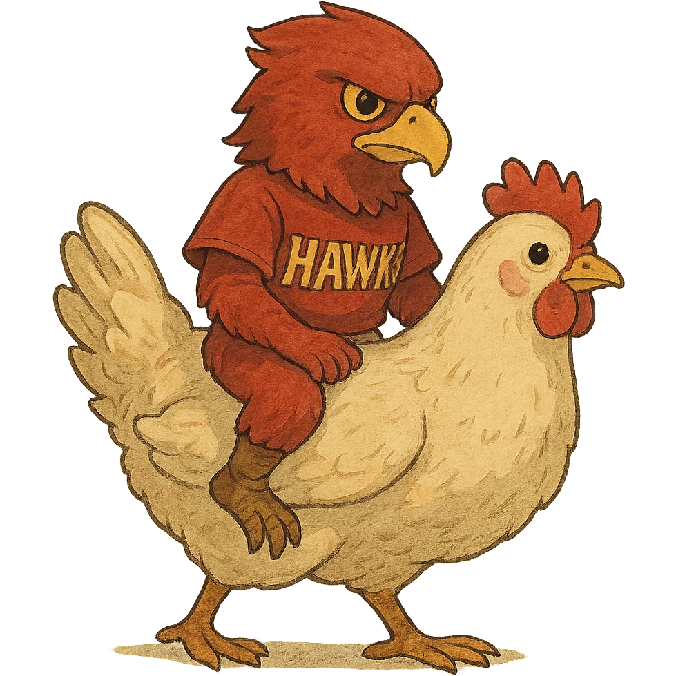 ghibli style red hawk mascot riding a chicken emoji