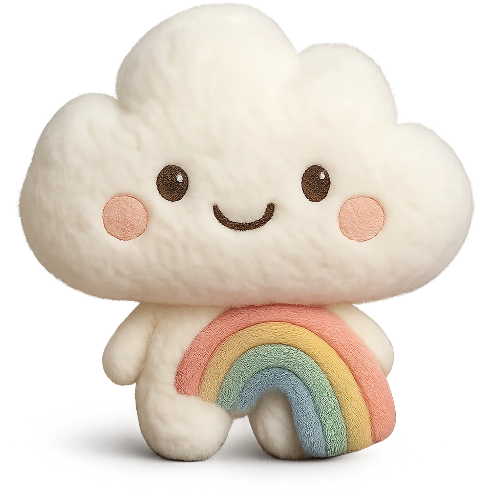 A plush rainbow cloud with soft, fluffy texture, delicate embroidered details, and a sweet, cheerful expression emoji