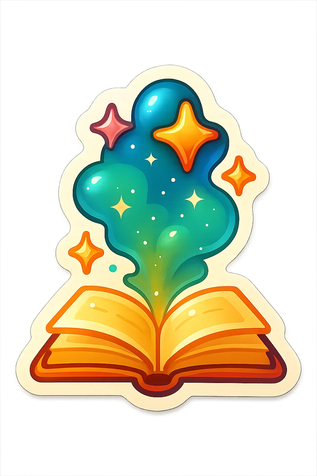 open book with cloud of magical dust and stars rising, no twigs or leaves, retro sticker style, shadows and highlights emoji