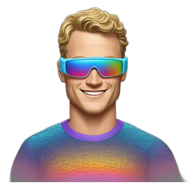 Fancy disco futuristic Jonathan Toews wearing rainbow lace shirt and wearing VR glasses and eating a moon pie emoji