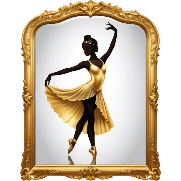 Cinematic Realistic Mirror, a large, ornate mirror reflecting a dancer’s poised silhouette, soft golden light creating depth, slight smudges on the glass adding realism, glowing with a timeless and artistic presence. emoji
