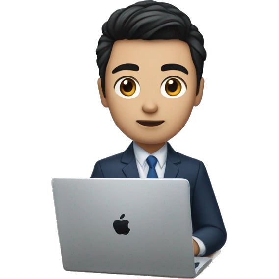 memoji of a young man with a laptop in front, apple-style, on laptop with a blue sticker with 4 letters: "WYZE", modern, dark hair, dark blue suit, computer in hand, chinese skin, sitting on this desk emoji