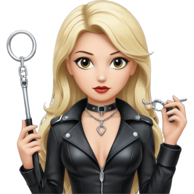 Dominatrix with blonde hair, leather outfit, long key necklace, and a whip emoji