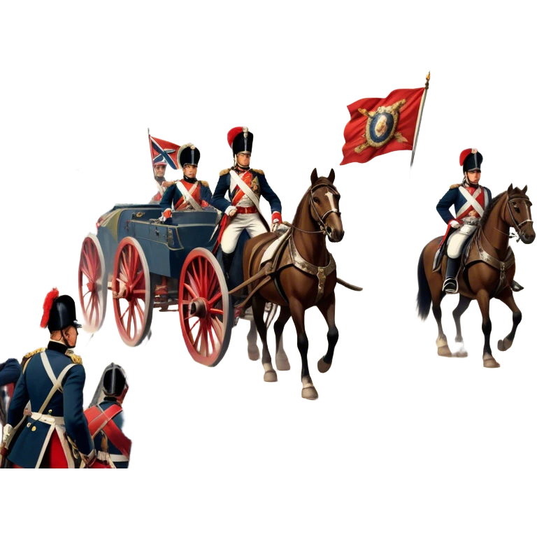 A vintage movie poster-style design depicting a dramatic Napoleonic War scene. Include soldiers in period uniforms, cannons, and a battlefield with flags and horses. The background should evoke a sense of battle and history, with old-fashioned cinematic flair. Transparent background. emoji