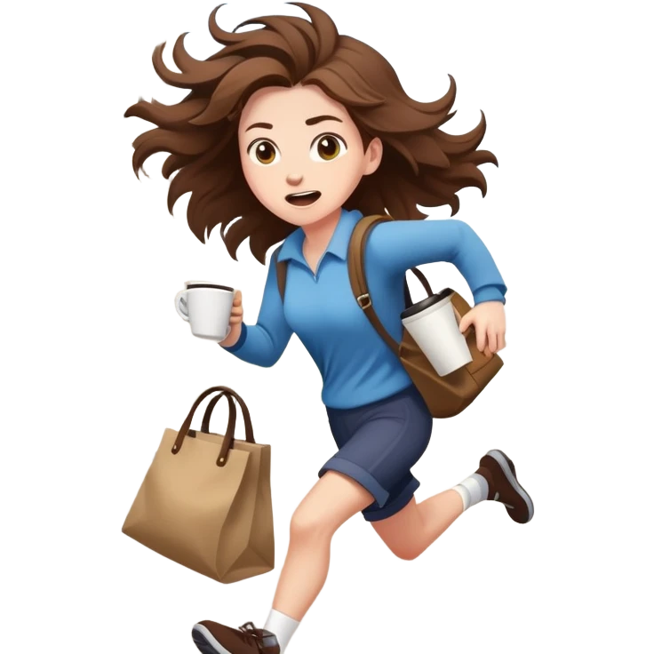 cartoon character running frantically with coffee and bag, messy hair, city street background emoji