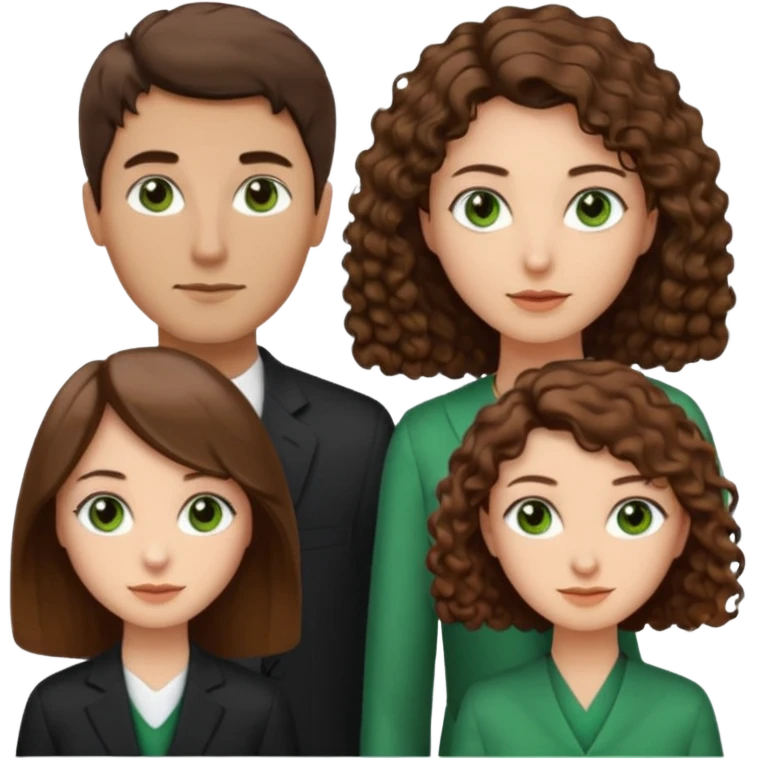 Man in the middle with brown straight hair and green eyes, women next to him with short brown hair with slight waves, tall women on right side with shoulder length curly hair and brown eyes emoji