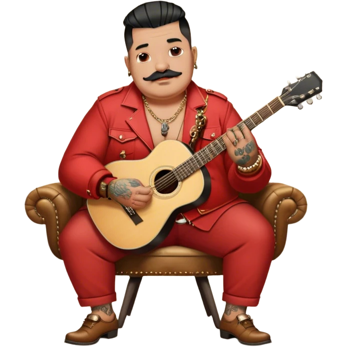 Icon for Chanson: Old fat chanson singer with tattoos and short moustache, red jacket, gold chains and braslettes, sitting on a chair with an acoustic guitar and standing microphone. No earrings. The atmosphere should reflect a nostalgic, soulful vibe with vintage elements. Transparent background. emoji