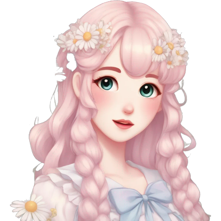 Gorgeous pastel anime style lady with blushing face and daisies cottagecore fairycore pastelcore colorful pearly romantic simplistic aesthetic trending style emoji