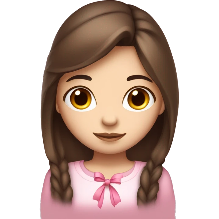 cute girl with dark long straight brown hair with pink bow in hair on the side white skin tone and pink shirt emoji
