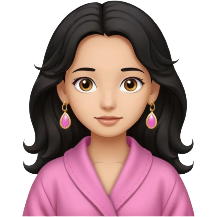 A girl who has long wavy black hair, has slightly tan skin tone, wering a pink robe, has pale brown eyes, wearing cute earring emoji