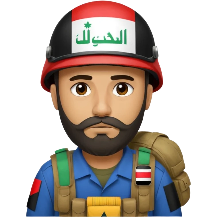 A very tired and sad, swarthy Iraqi soldier with a beard, an Iraqi flag on his helmet, a sad expression and bags under his eyes emoji