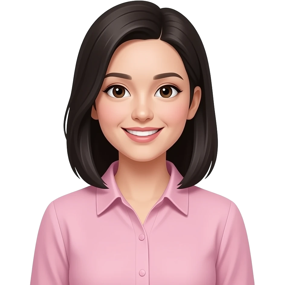 Gere um emoj de uma linda moça de pele clara,cabelo médio,liso,preto, sorrindo. A moça veste uma blusa elegante rosa emoji