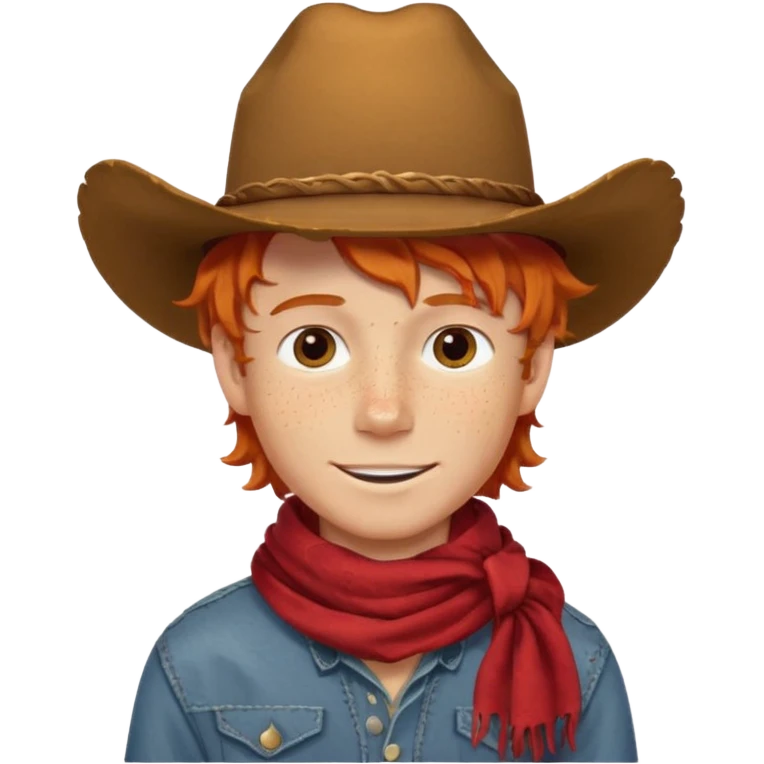 a wavy orange hair boy wearing a cowboy hat with a mischievous grin and freckles with western red scarf on his neck emoji