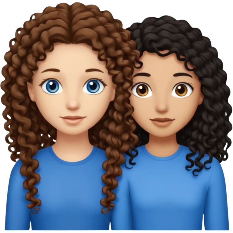 Two best friends .bestie 1: beige skin with brown long hair and blue eye. Bestie 2:mixed race skin with curly black hair and brown eye emoji