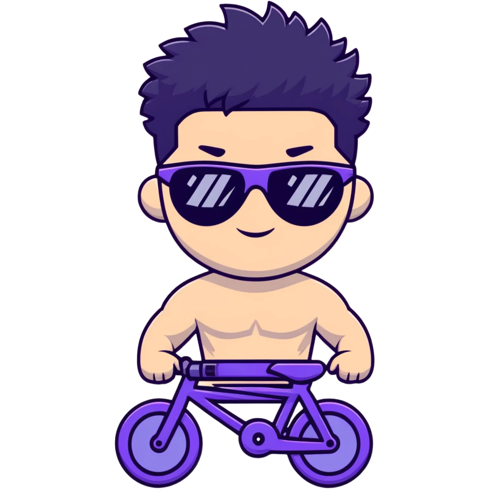 shirtless male athlete with white skin and moderately curly black hair on top with shaved sides, wearing purple bike sunglasses with black tinted lenses emoji
