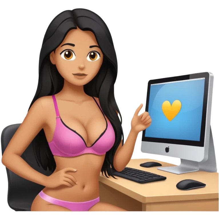 in front of the computer, camera filming, black long hair tanned woman, bra  emoji
