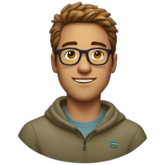 21 year old tech founder man swooped hair clear glasses wide head Patagonia sweater emoji