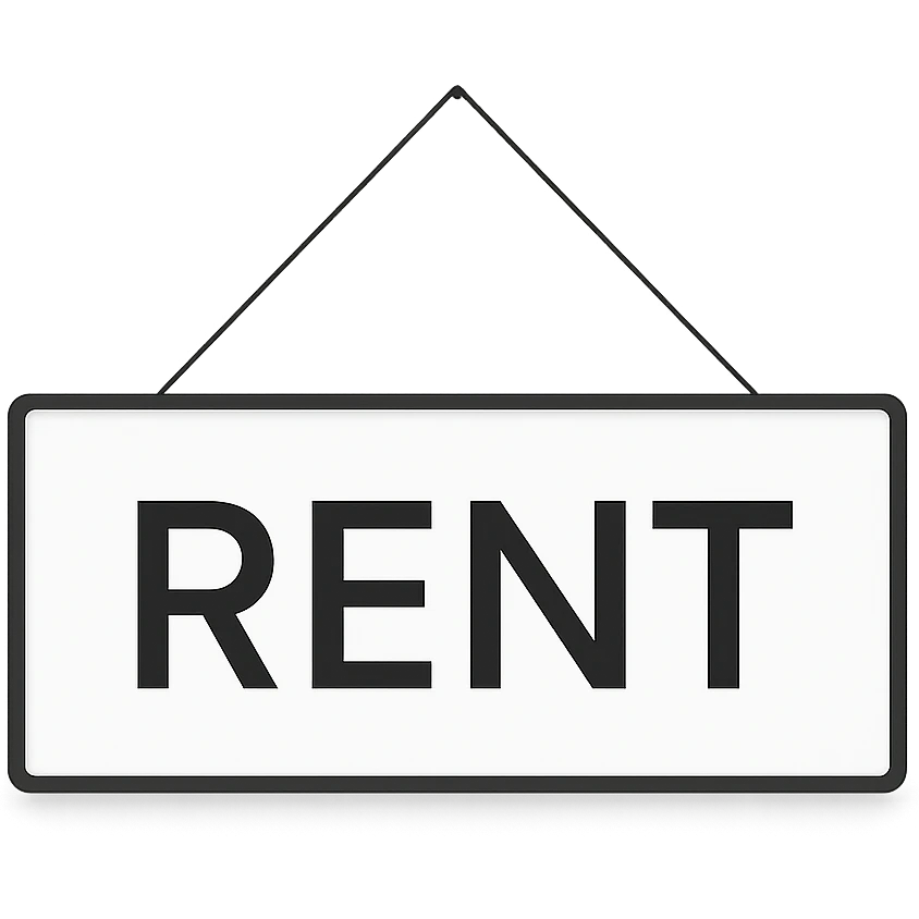 realistic modern 'rent' sign board, clean lines, minimal, contemporary, photo-like emoji
