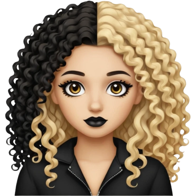 split dye leftside blonde rightside black-brown curly hair, baddie, pretty makeup, black eyeliner, long and curly hair emoji