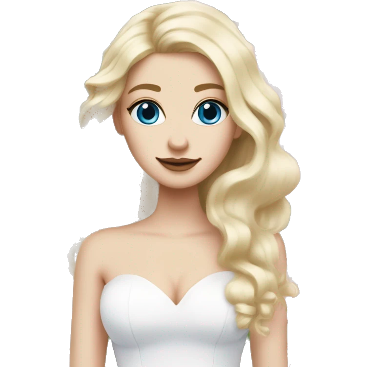 White bride with long light blonde hair and blue eyes with light pink peonies in hair white skin  emoji