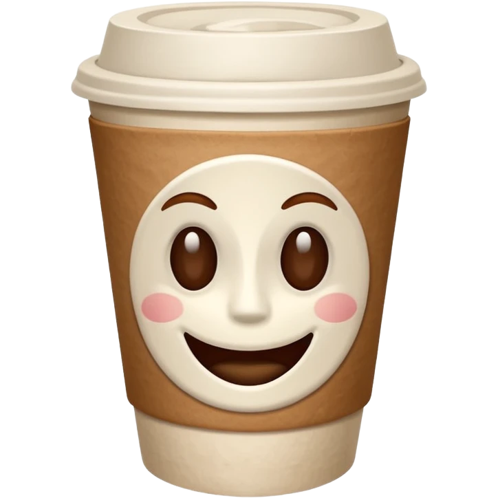 one all white coffee take away cup with coffee, no lid,  and a small brown smiling mouth in the middle front. No eyes, no cheeks, no nose, only a small smiling mouth emoji
