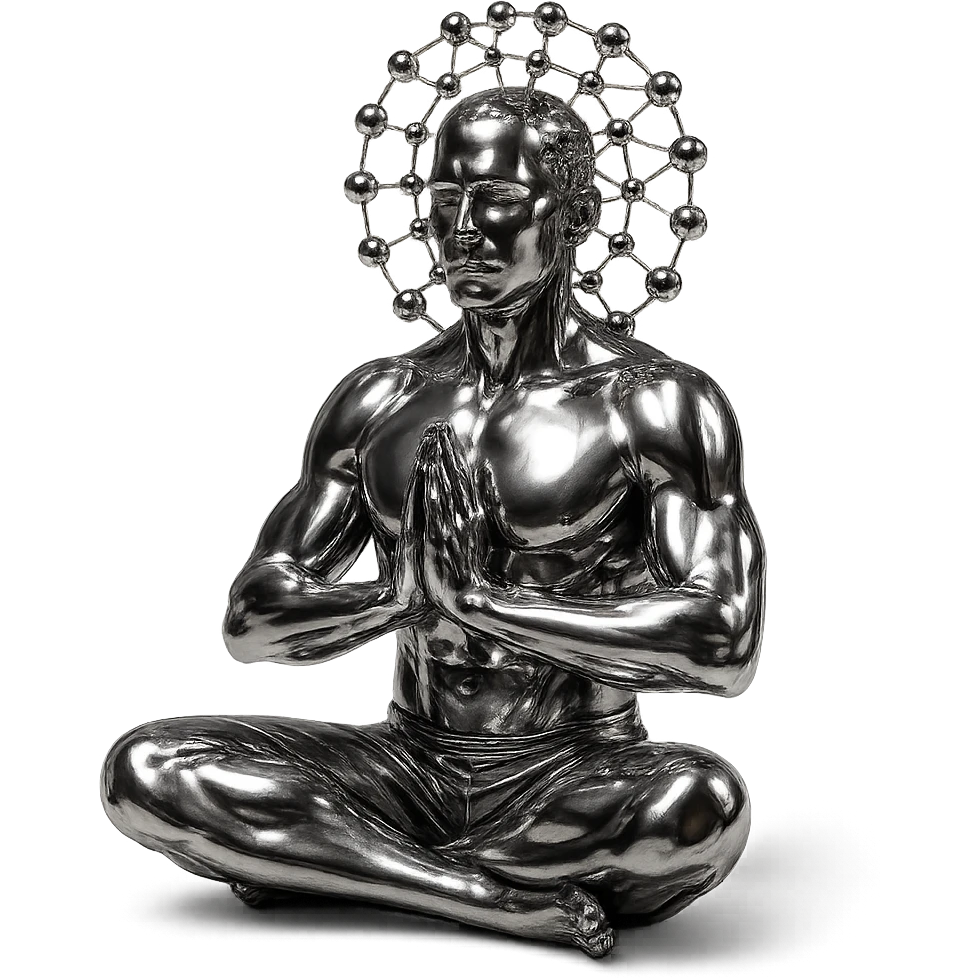 metallic chrome figure of a man meditating, serene, with several chrome balls forming a net above his head emoji