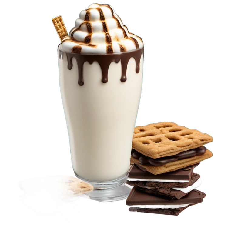 andes mint chocolate chip milkshake topped with a toasted marshmallow, chocolate covered pretzel, chocolate s’more, and a s’mores cookie emoji
