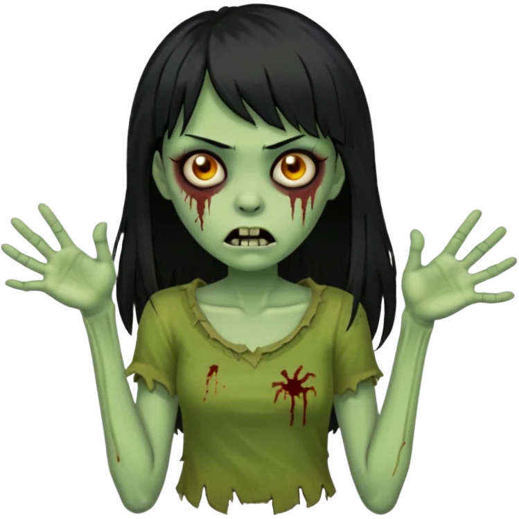 mulher zombie verde com cabelos pretos longos e franja com as mãos para frente igual um zombie emoji