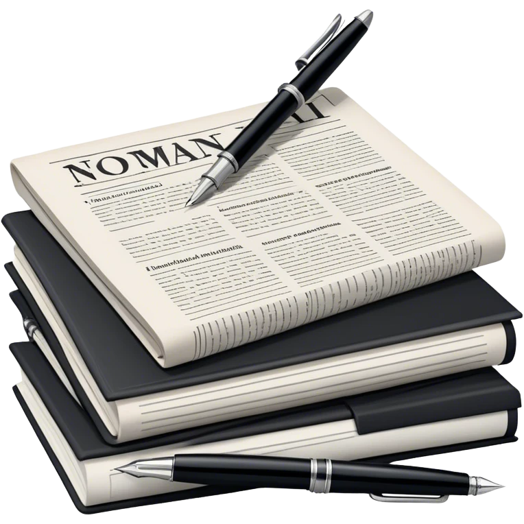 Create an emoji representing journalism and publicistic writing. The design should feature a stack of newspapers, an open notebook, and a single classic fountain pen placed on top of the notebook, symbolizing the act of writing. The scene should convey a sense of professionalism and thoughtful analysis. Use a neutral and professional color palette, with black, white, and muted tones. Do not include any emojis or smiley faces. Make the background transparent. emoji
