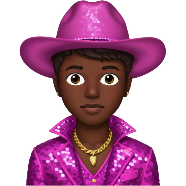 Lil Nas X with dark brown hair, dark pink sequin outfit emoji