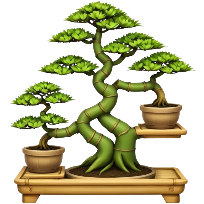 Three tiered bonsai planters stand, shelving holding six specimens,made of inch thick bamboo  emoji