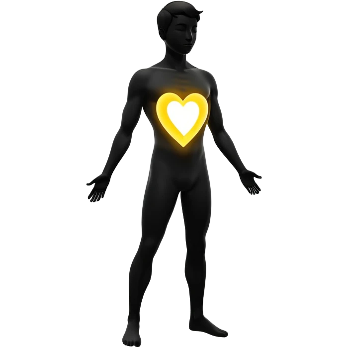 minimalist b&w male silhouette with flowing black-and-white curves across the lower body, now overlaid with a small, softly glowing spark or radiant light near the chest or head — heart symbolizing inspiration, inner fire, and creative energy awakening” style glow yellow emoji