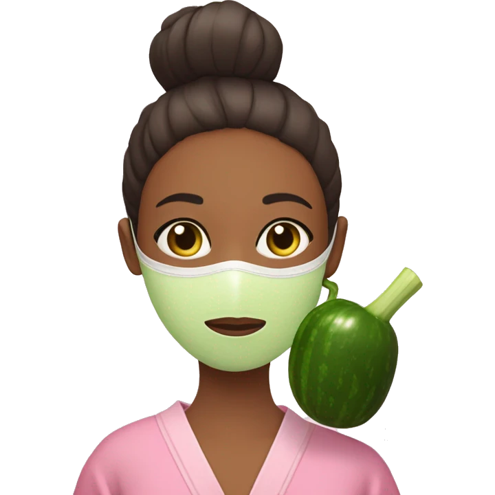 Girl with a bun and a pink robe with a green skincare mask on and one cucumber slice on each eye emoji