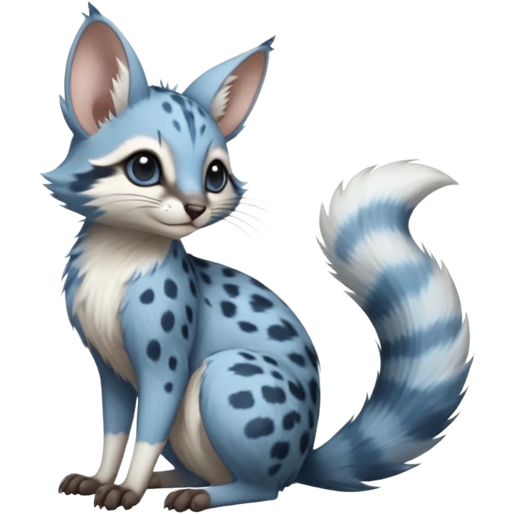 Blue-pointed, grey, soft natural realistic romantic vintage antique divine beautiful elegant pretty precious cute young youthful  Fakémon-Pokémon-alien-opossum-squirrel-feline-serval-caracal-chinchilla-Minccino-Cinccino-Meowstic-rodent-hybrid-creature with a big fluffy bushy tail (full body) emoji