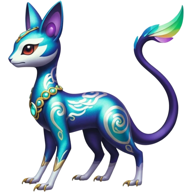 Shiny Colorful Futuristic Ornate Oriental Painted Asian Vernid-Trico-Meloetta-Latias-Koraidon-Peppercat-Protogen-Pokémon-Digimon-Fakémon-fusion-hybrid-creature emoji