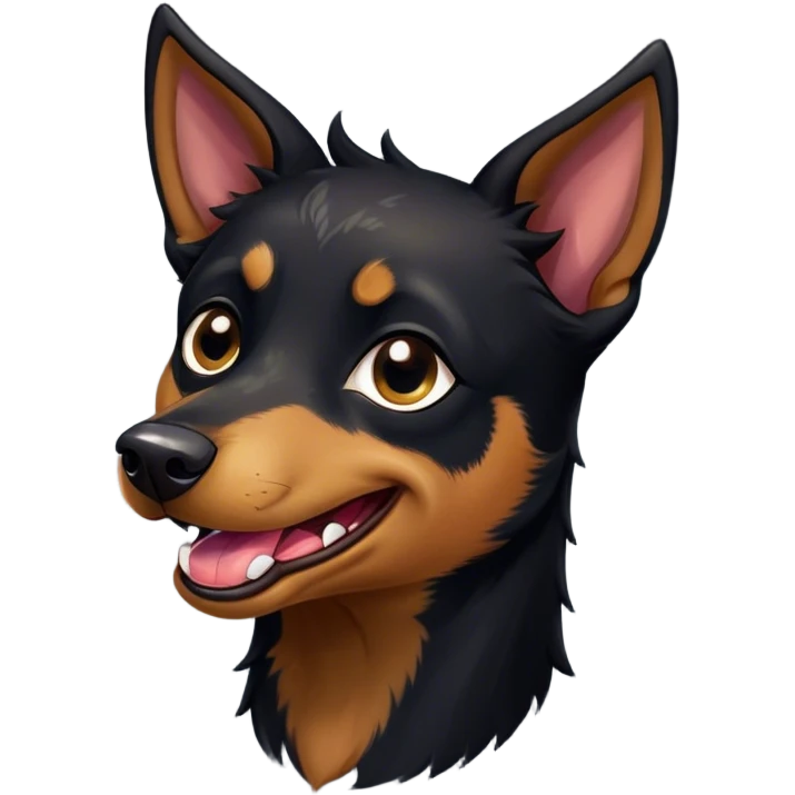 Cinematic Comical Black and Tan Kelpie Portrait Emoji, Head tilted dramatically with an exaggeratedly amused expression, featuring a striking black Fur with bold tan patches, wide, expressive dark eyes filled with playful disbelief, Simplified yet hilariously expressive features, highly detailed, glowing with a slightly sassy glow, high shine, dramatic yet playful, stylized with an air of cheeky mischief, bright and endearing, soft glowing outline, capturing the essence of a spirited and over-the-top herder, so meme-worthy it feels like it could side-eye its way into internet fame instantly! emoji