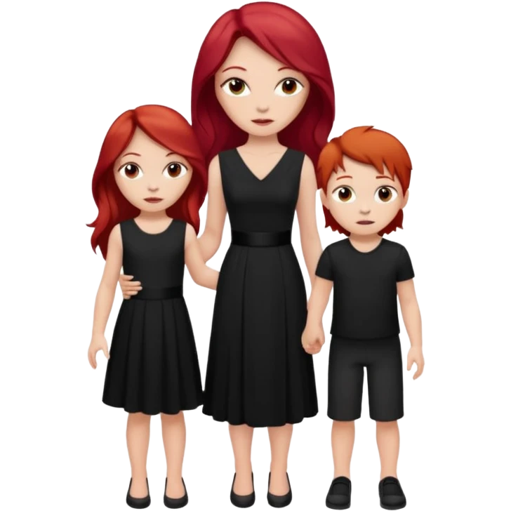 White woman in black dress with long red hair and makeup with two kids in beige clothes  emoji