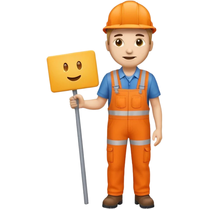 emoji style railway engineer full body in orange overalls, holding a sign in front of him emoji