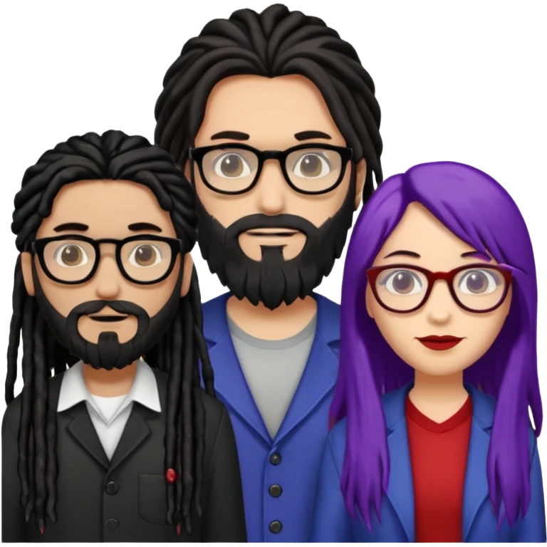 Three people standing together: on the left, a man with long hair, glasses, and a beard; on the right, a man with black dreadlocks with a red accent; in the center, a woman wearing glasses with violet-and-black hair emoji