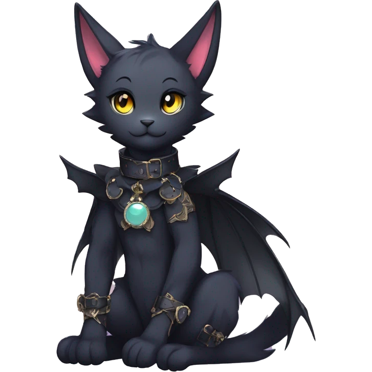 cool edgy beautiful pretty anthro godly colorful ethereal black fantasy elegant nargacuga-bat-cat-Fakemon wearing a collar, techwear punk style, full body emoji