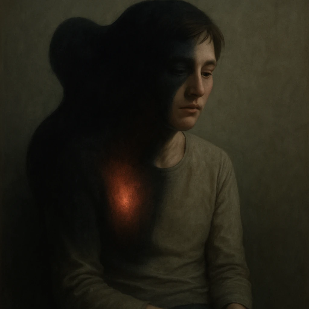 A person sitting in a dimly lit space, with a dark or glowing shape representing a symptom such as pain, fatigue, or anxiety merging into their chest or head. The person's expression is neutral or resigned, showing passive acceptance. The symptom appears as a shadow or second skin, wrapped around part of their body. The background is minimal and introspective. The style is surreal, conceptual, emotionally expressive with soft shadows and moody light, hyperrealistic 4K. emoji