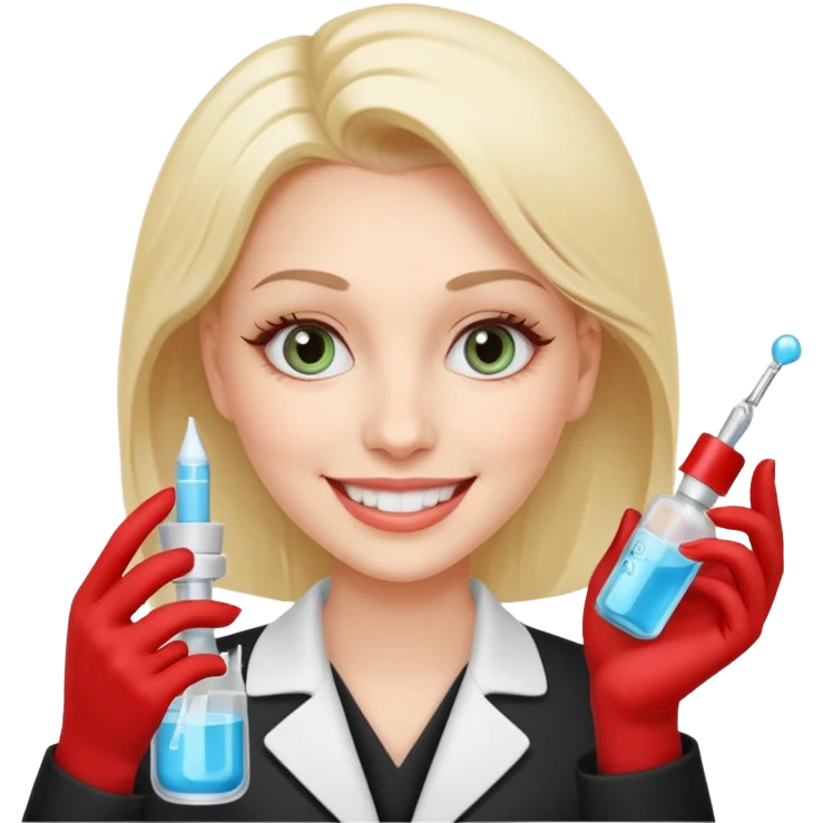 A smiling beautician with cold, calculating eyes, pointing at your cheek while holding an expensive serum bottle. Fake smile, predatory vibe. emoji