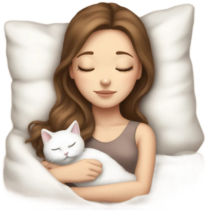 White girl brown hair sleeping with white kitty emoji