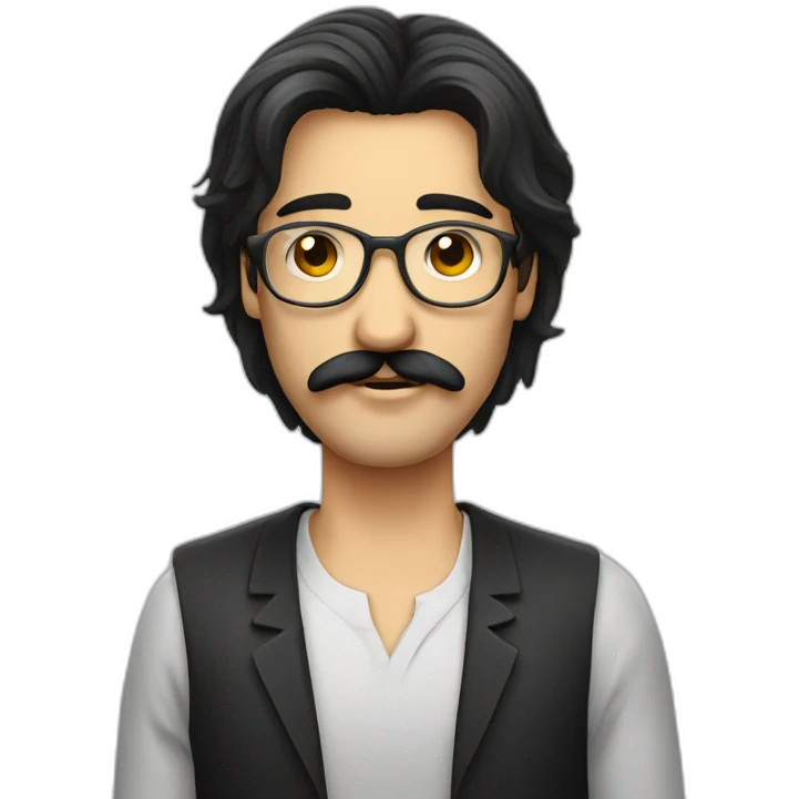 very long dark straight hair men with mustache and round glass emoji