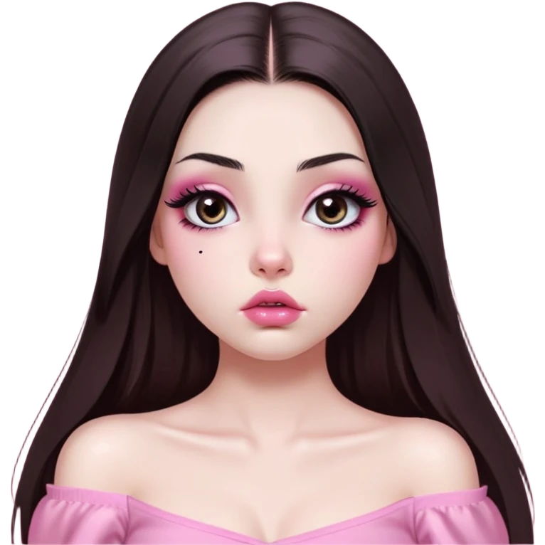 girl with white skin, dark brown long straight hair with middle part falling in front of her body, very big pouty extra shiny lips with absolutely no cupid's bow, big round shiny eyes with black eyeballs and huge eyelashes, lighter button nose, very long oval-shaped face, wearing a pink off-shoulder top, looking directly at camera with hands down at sides emoji
