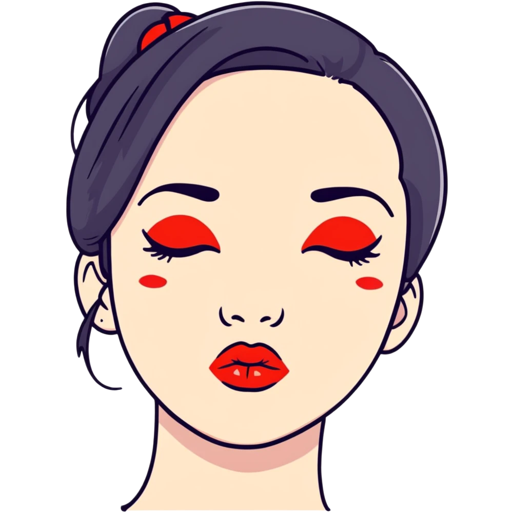 Cute girl with black hair and red lipstick kiss marks on her face emoji