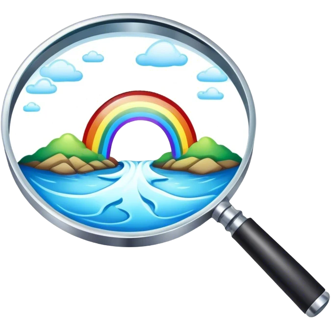 a magnifying glass with a rainbow river flowing through it emoji