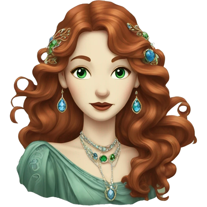 Art Nouveau lady with long swirling redbrown hair, bluegreen eyes, jewels emoji