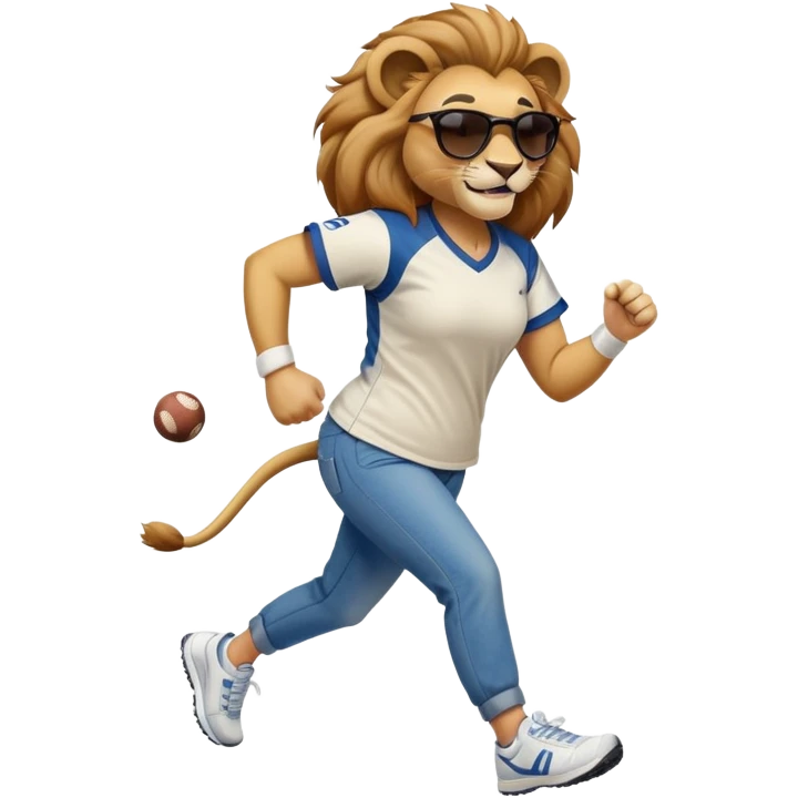 confident anthropomorphised female lion wearing a baseball shirt, jeans, trainers, dark sunglasses, jogging with a smile emoji