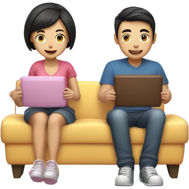 Cute Asian Couple sitting together and having fun playing video games emoji